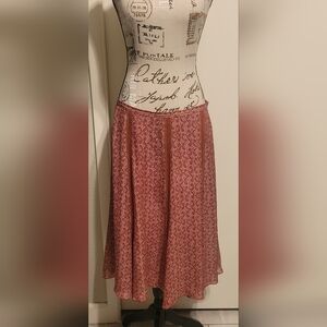 Isabella Bird Cottagecore Boho Dark Red Cream 100% Silk Skirt Fit & Flare Sz 12